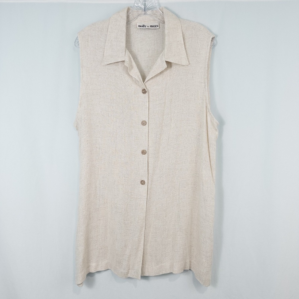 Molly‎ & Maxx Rayon Linen Sleeveless Button Up Top Large Oatmeal Beach Coastal